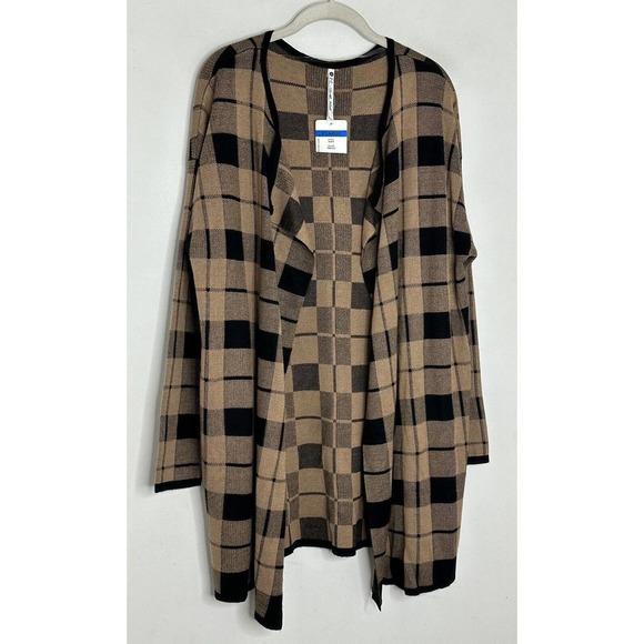 Leo & Nicole Ladies Black Beige Plaid Draped Open Front Cardigan Size XL NEW - Picture 2 of 5